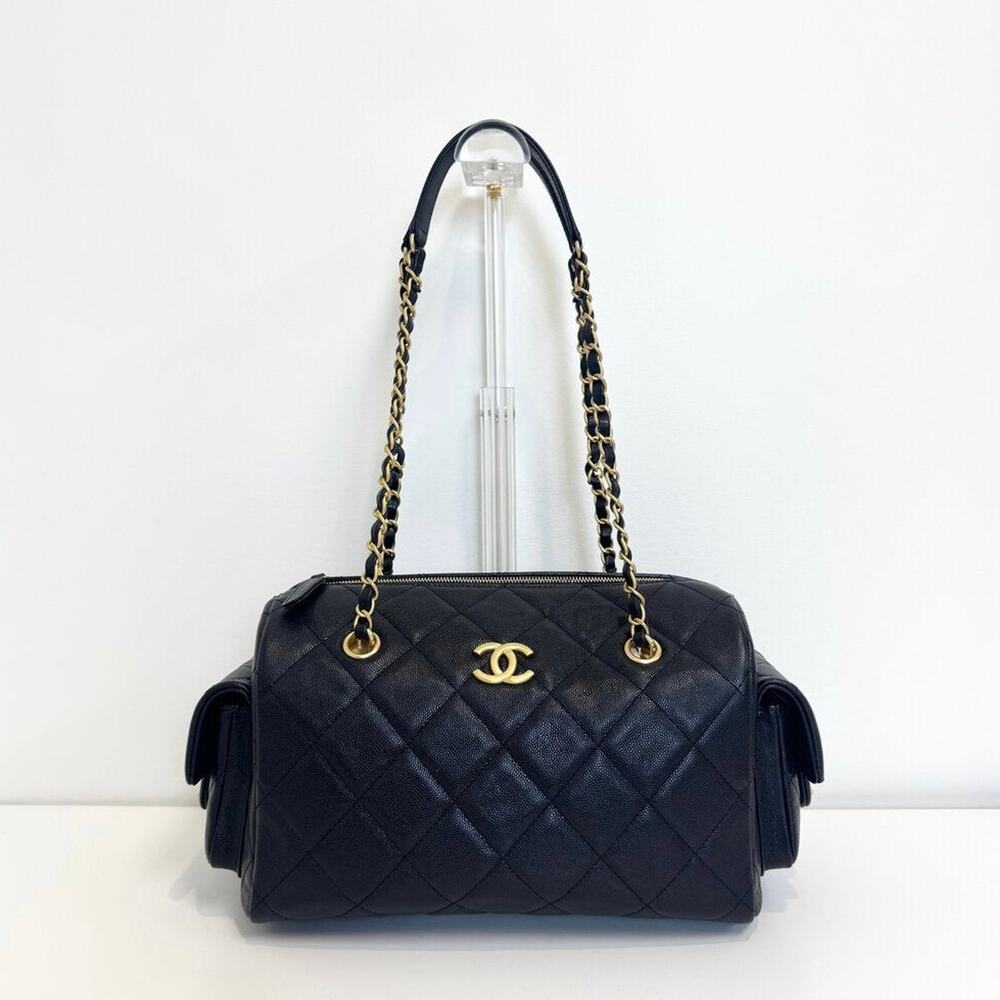 CHANEL Black Quilted Caviar 25 Barrel Bowling Bag Gold CC Logo Hardware Shoulder